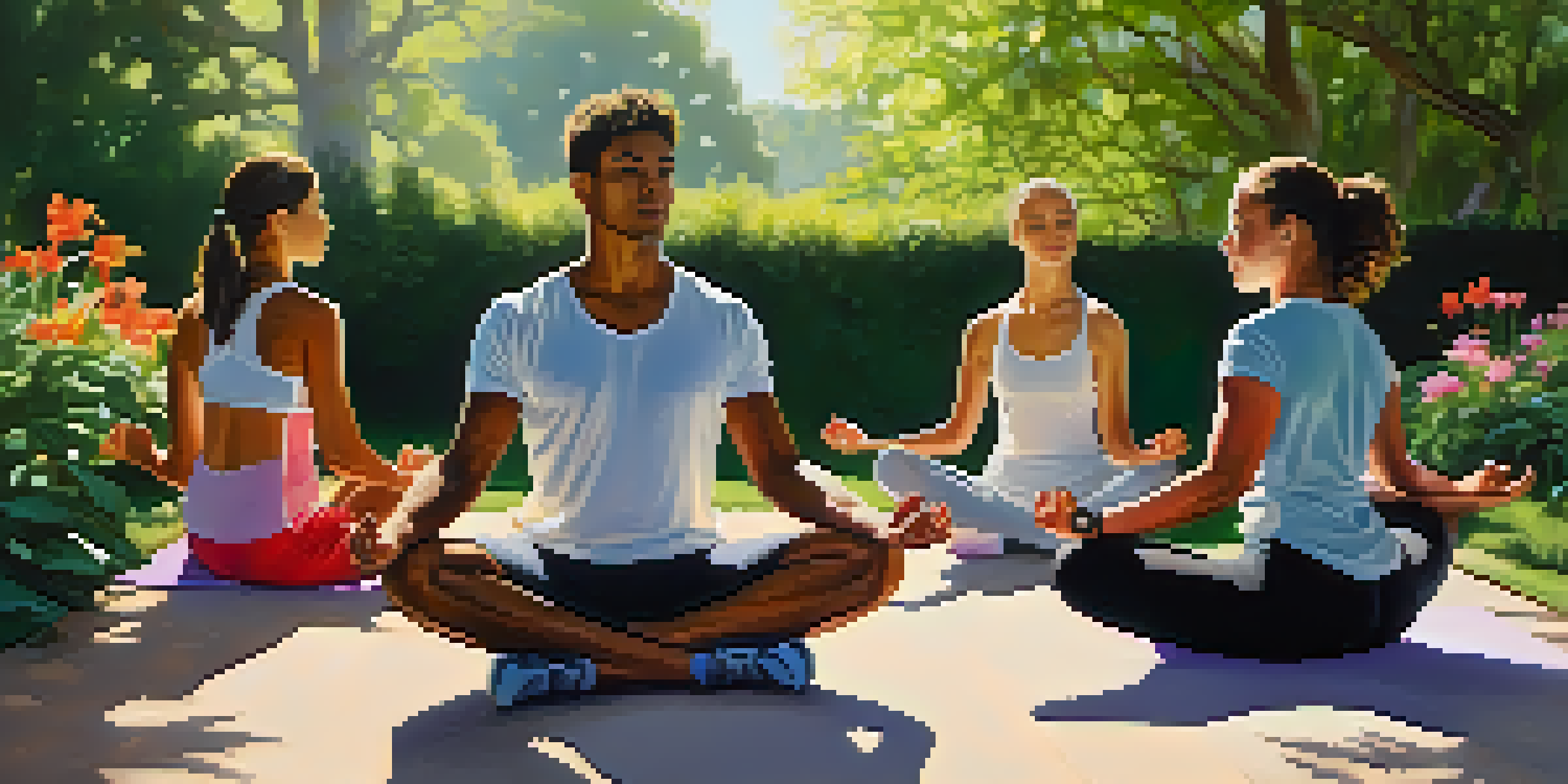 A group of athletes stretching and meditating in a sunlit park, surrounded by greenery and flowers, showcasing calmness and focus.