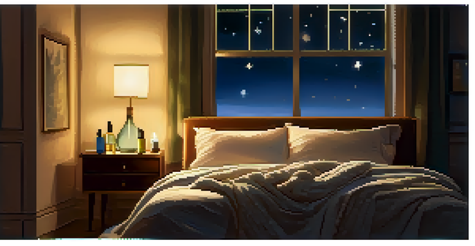 A cozy bedroom with warm lighting, a bed with pillows, a nightstand with CBD oil, and a starry sky outside the window.
