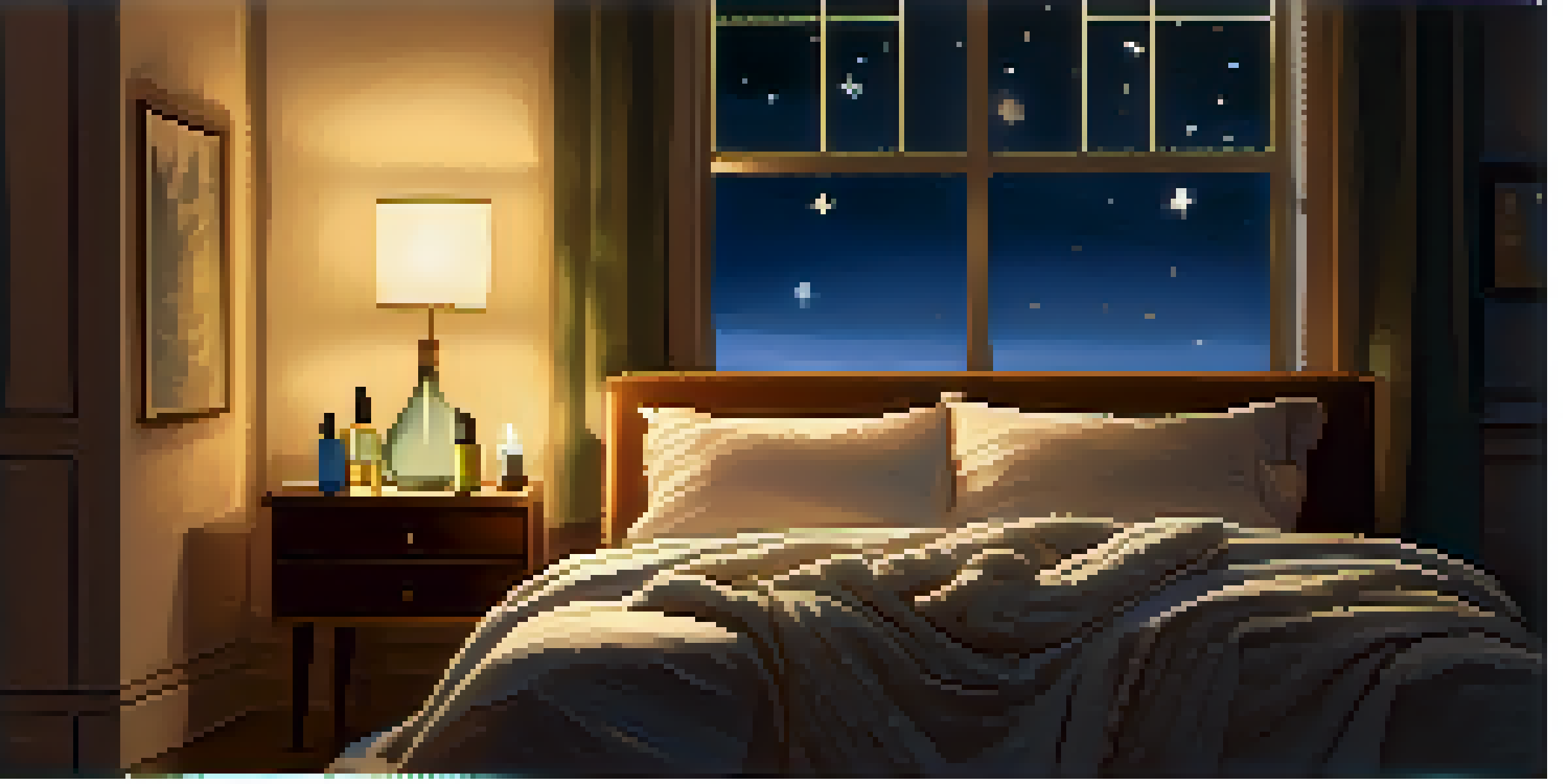 A cozy bedroom with warm lighting, a bed with pillows, a nightstand with CBD oil, and a starry sky outside the window.