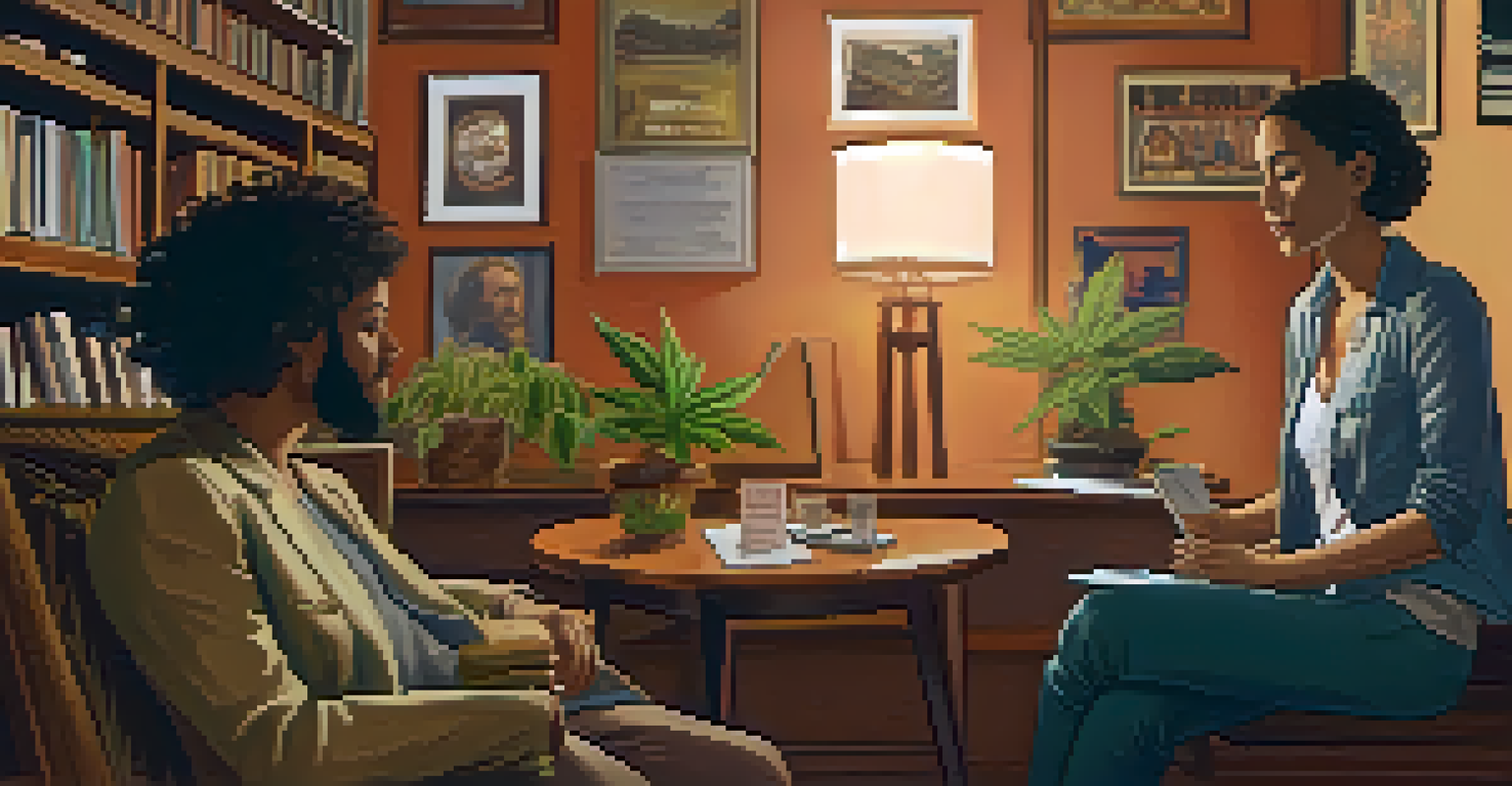 A filmmaker interviewing a cannabis advocate in a cozy indoor setting filled with plants and literature.