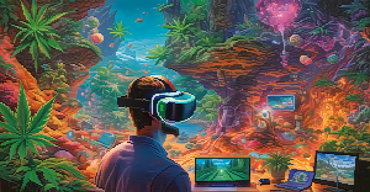 An abstract depiction of a gamer in a colorful virtual reality world, with whimsical characters and cannabis elements.