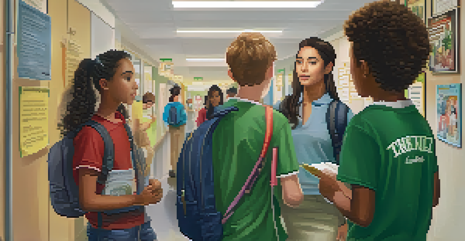 A young student confidently sharing their views on cannabis with classmates in a school hallway.