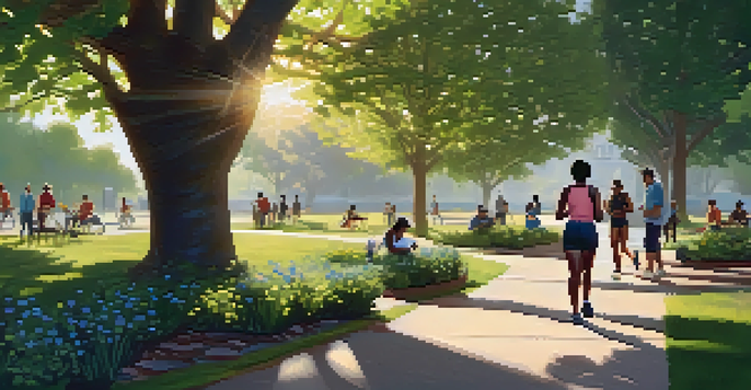A peaceful urban park with diverse people engaging in activities like gardening, jogging, and having a picnic under a tree in soft morning light.