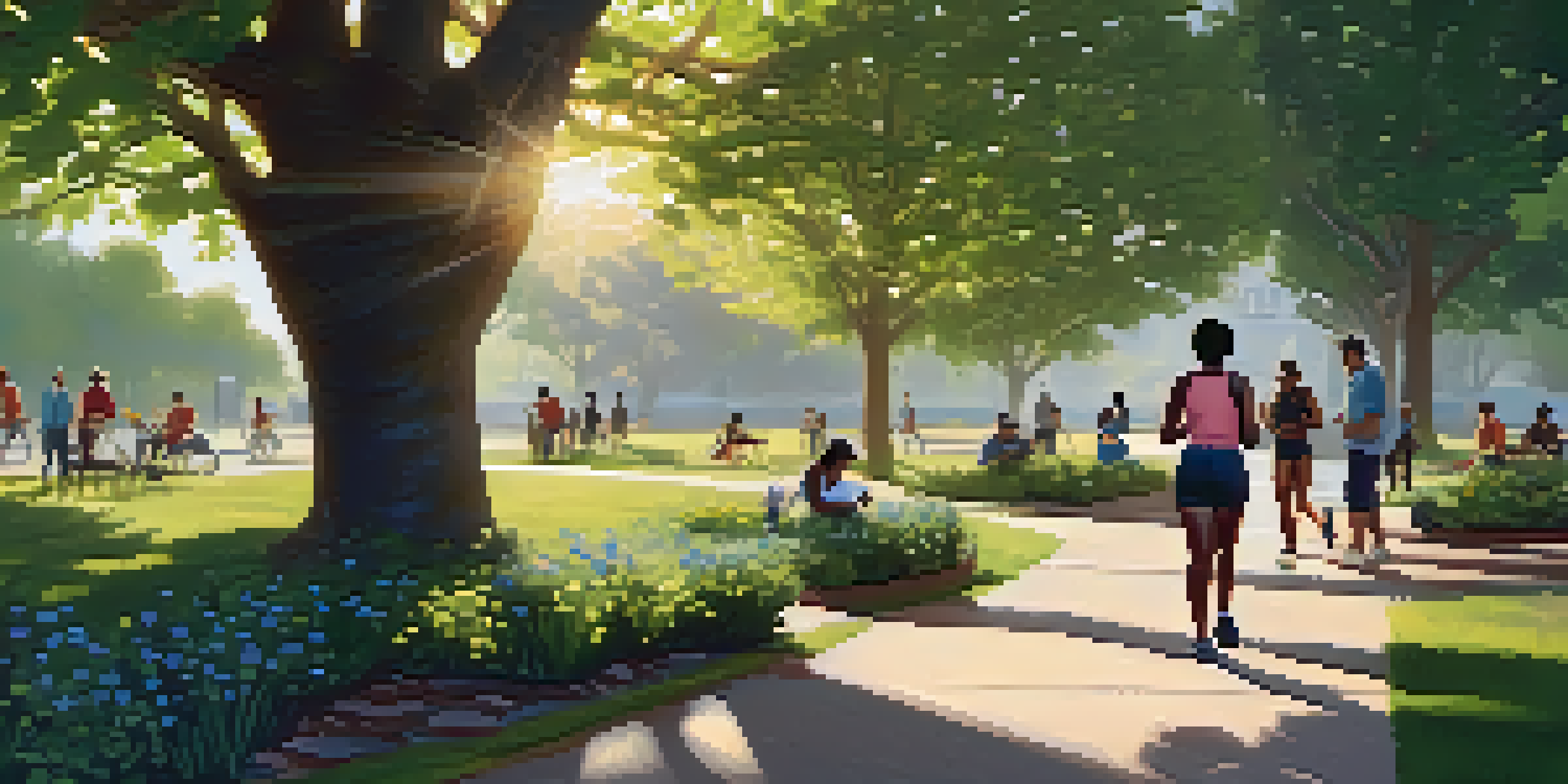 A peaceful urban park with diverse people engaging in activities like gardening, jogging, and having a picnic under a tree in soft morning light.