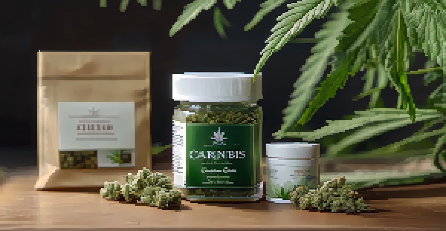 A close-up view of cannabis products displayed with fresh herbs and natural elements, focusing on textures and colors.