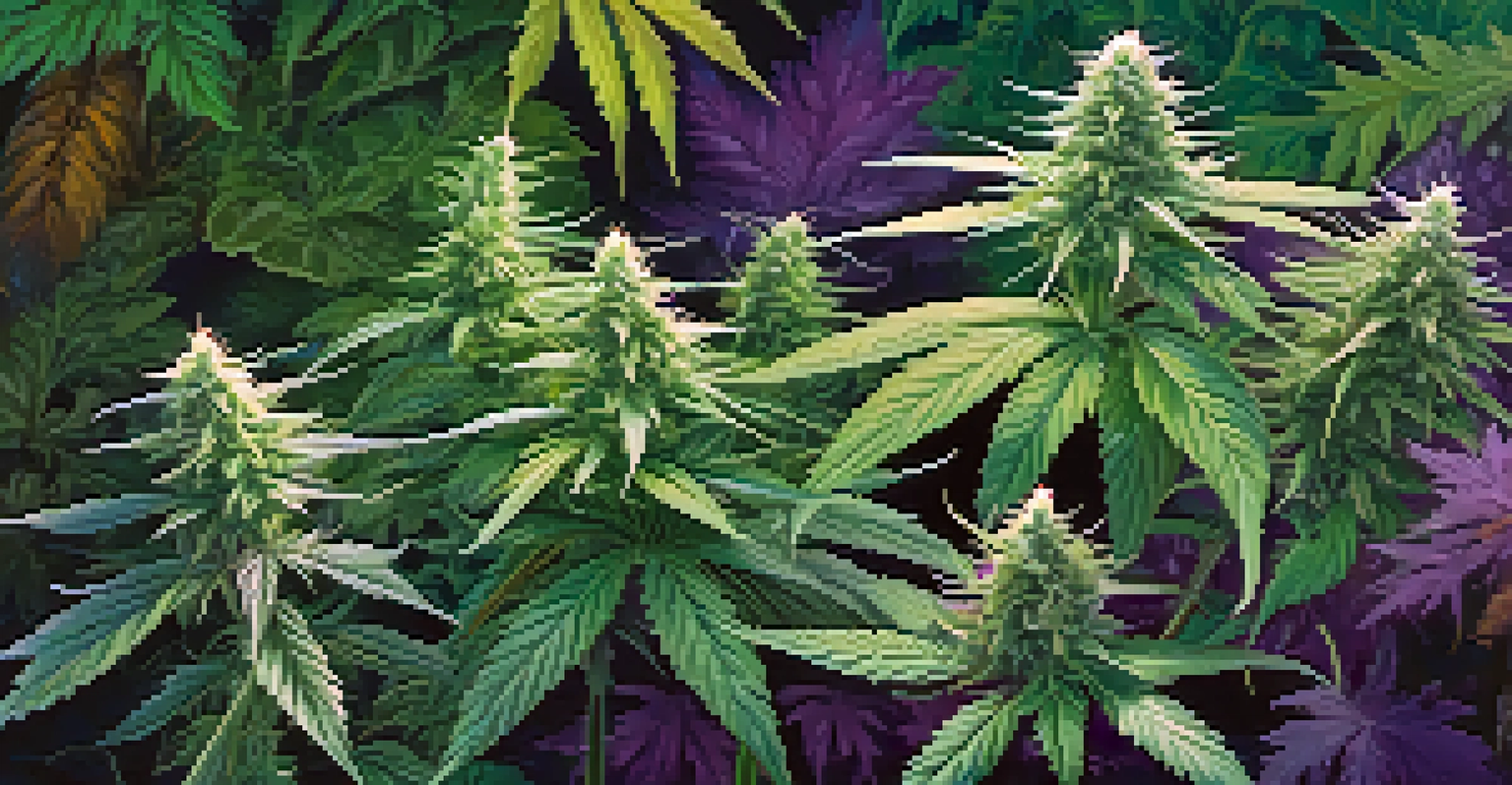 Close-up of cannabis buds with various textures and colors, showcasing the details of the leaves and trichomes.