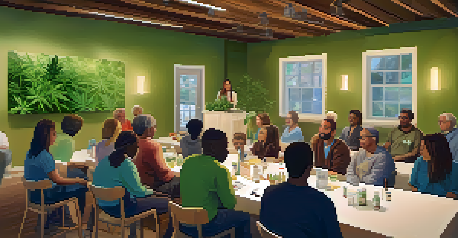 A workshop in a community center focused on cannabis benefits, with a health professional presenting to an attentive audience in a cozy environment.