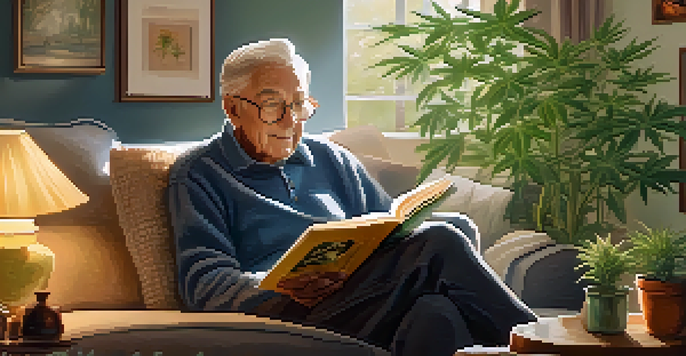 An elderly man reading a book about cannabis benefits in a cozy living room filled with plants and family photos.