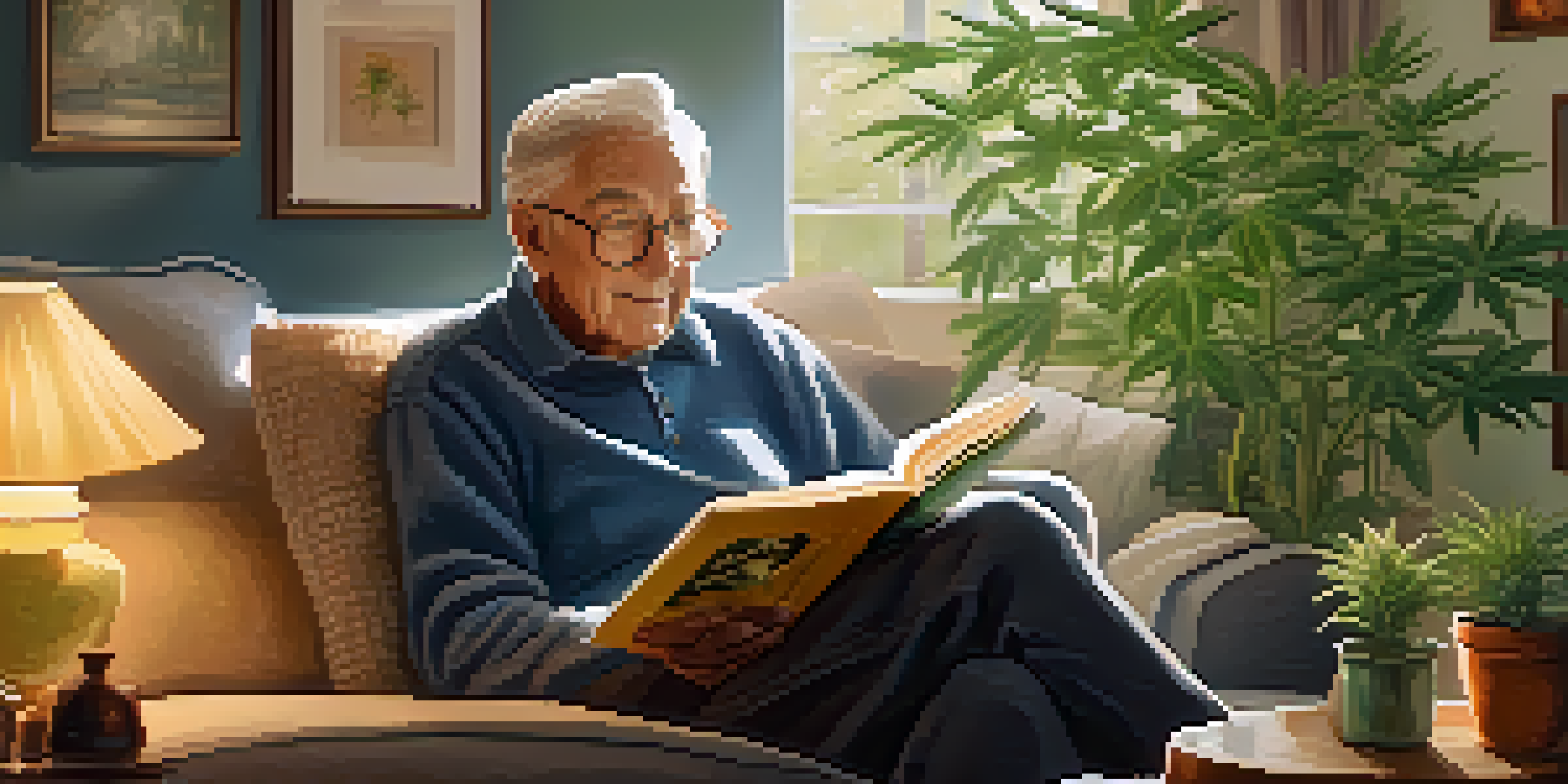 An elderly man reading a book about cannabis benefits in a cozy living room filled with plants and family photos.