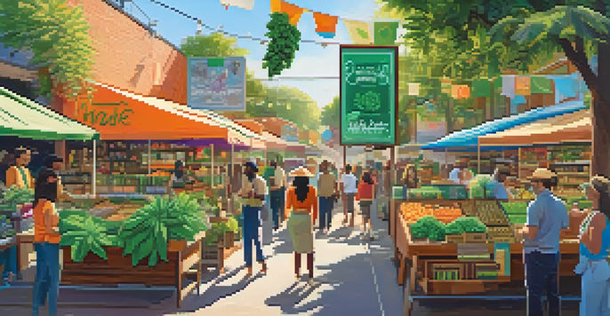 A lively market with diverse individuals exploring cannabis products, surrounded by greenery and colorful banners about health benefits.