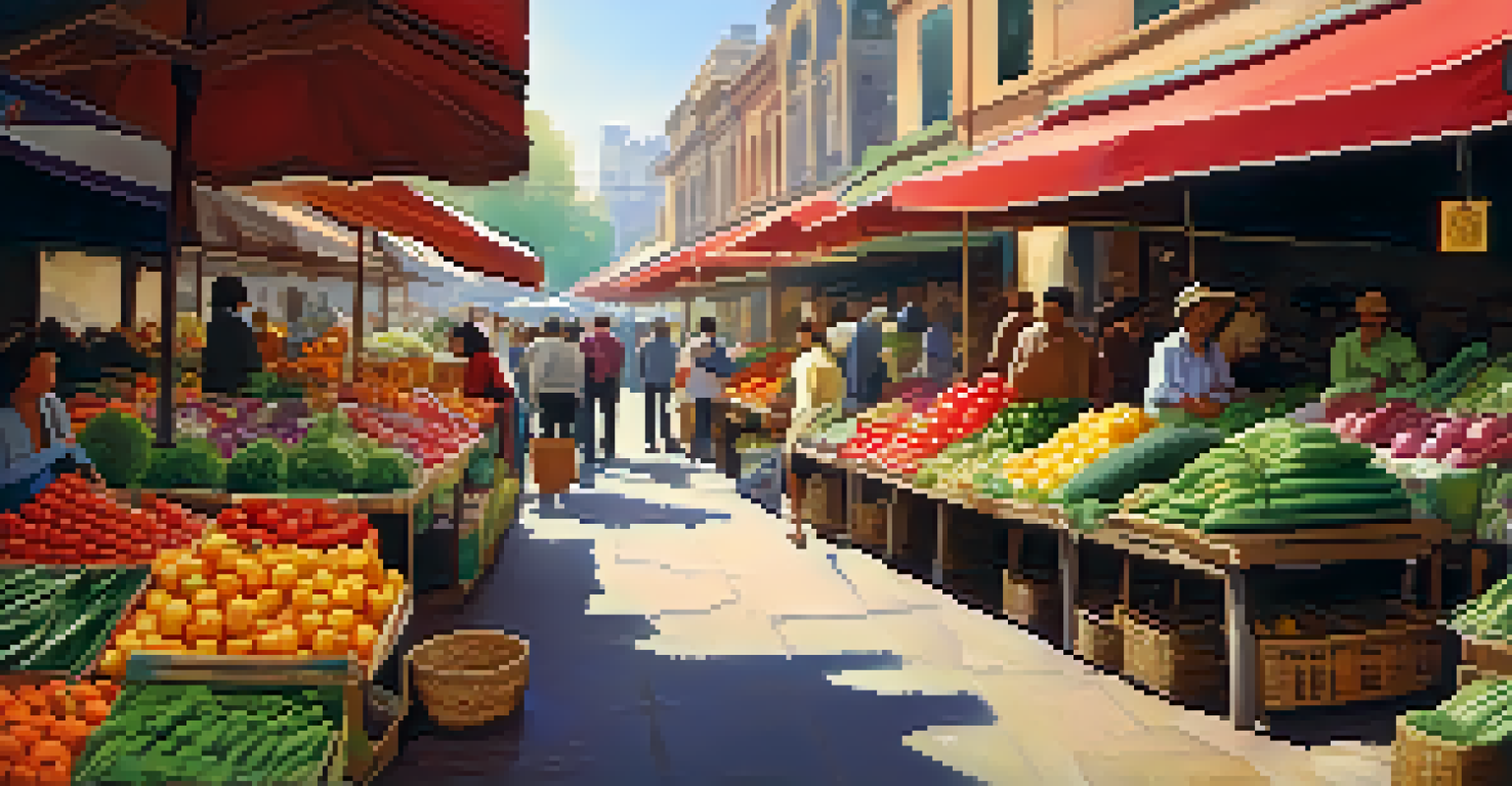 A bustling market scene with colorful fruits and vegetables, filled with shoppers enjoying the vibrant atmosphere.