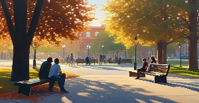 A calm park with people talking on benches about mental health, illuminated by warm golden sunlight.