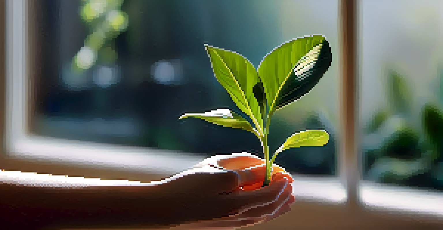 A close-up of a hand holding a small plant, symbolizing growth and resilience, with sunlight in the background.