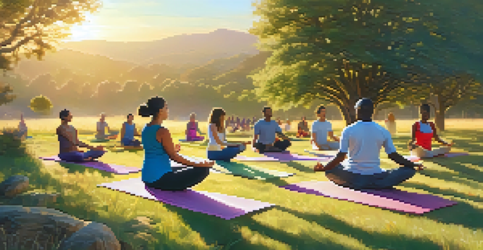 A diverse group of individuals practicing yoga outdoors at sunrise, surrounded by nature.