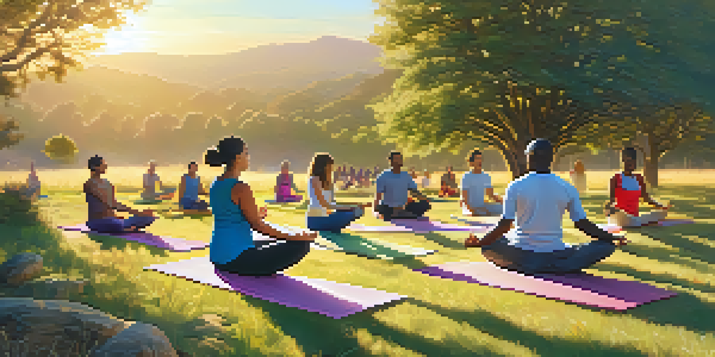 A diverse group of individuals practicing yoga outdoors at sunrise, surrounded by nature.