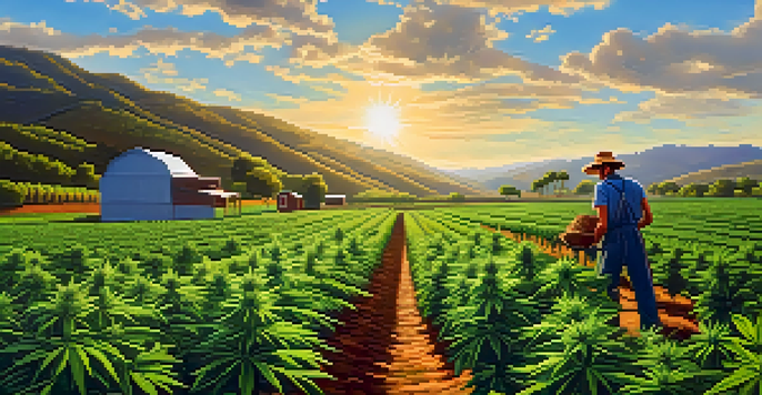 A vibrant cannabis farm with a farmer inspecting healthy marijuana plants under a sunny sky.