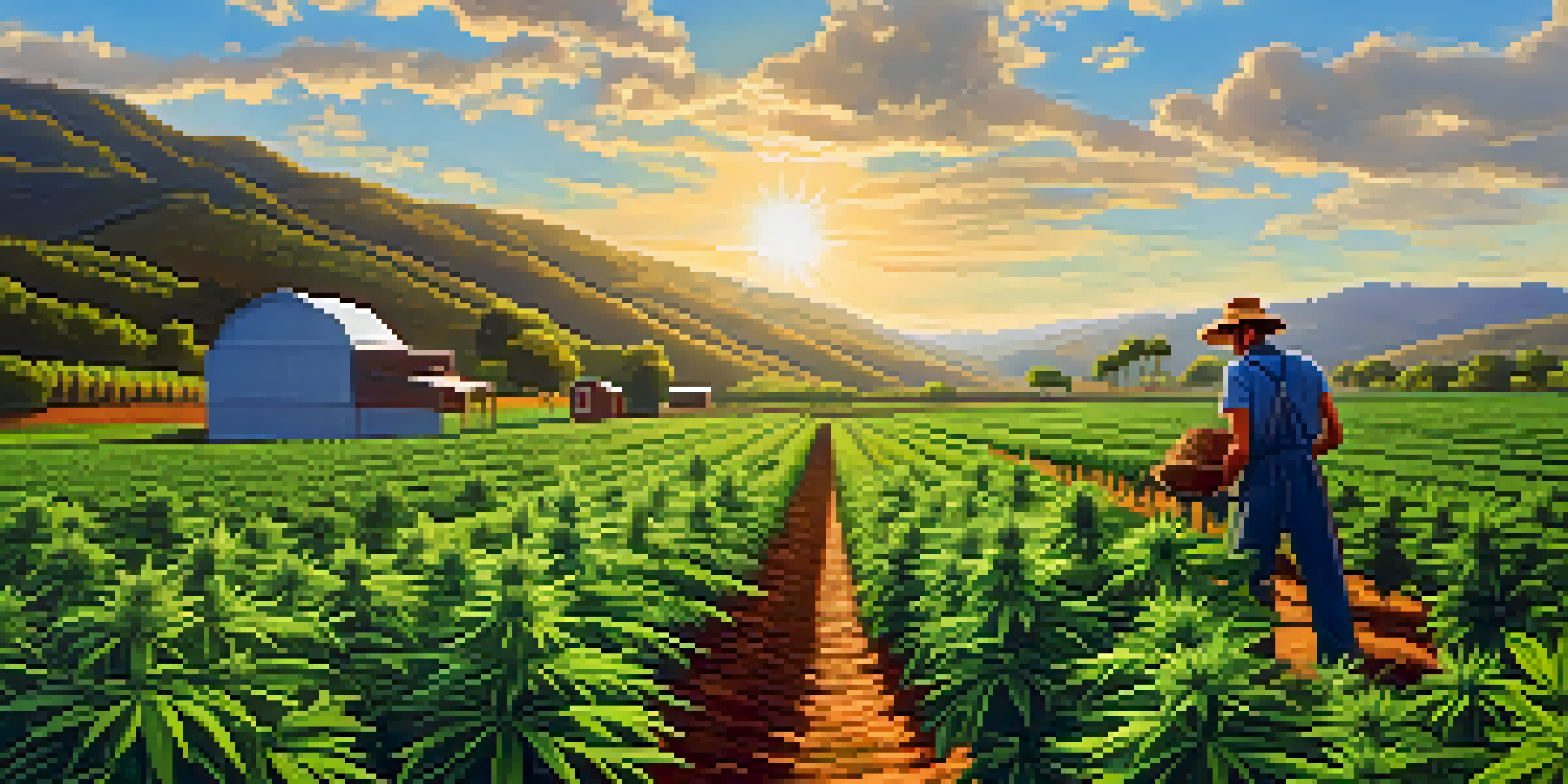 A vibrant cannabis farm with a farmer inspecting healthy marijuana plants under a sunny sky.