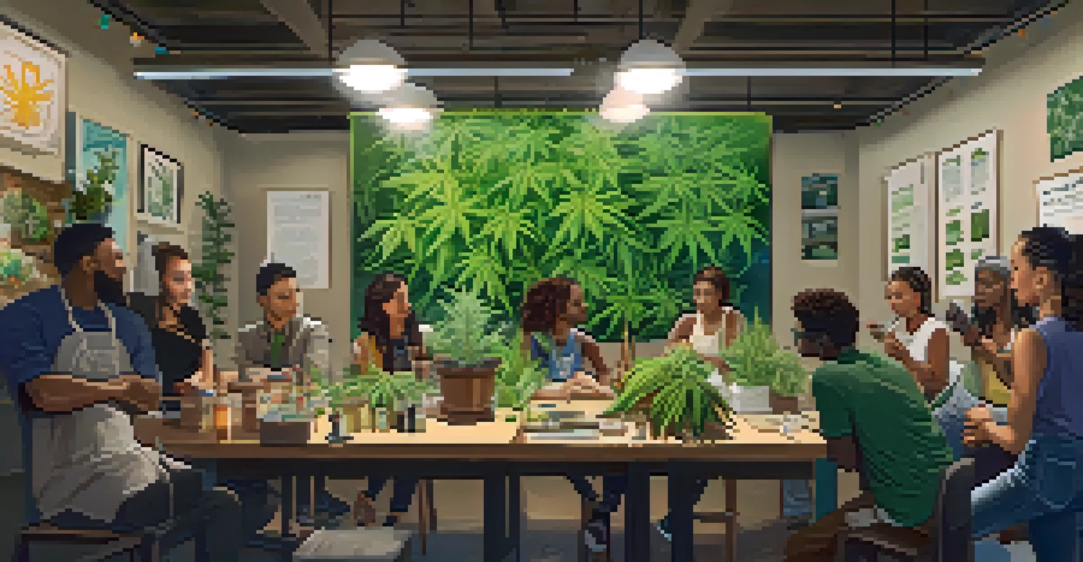 A diverse group of people in a well-lit workshop discussing responsible cannabis usage, with educational materials displayed around them.