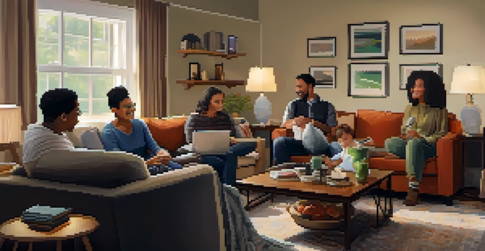 A family gathered in a living room, engaged in a warm conversation with cups of tea and a laptop present.