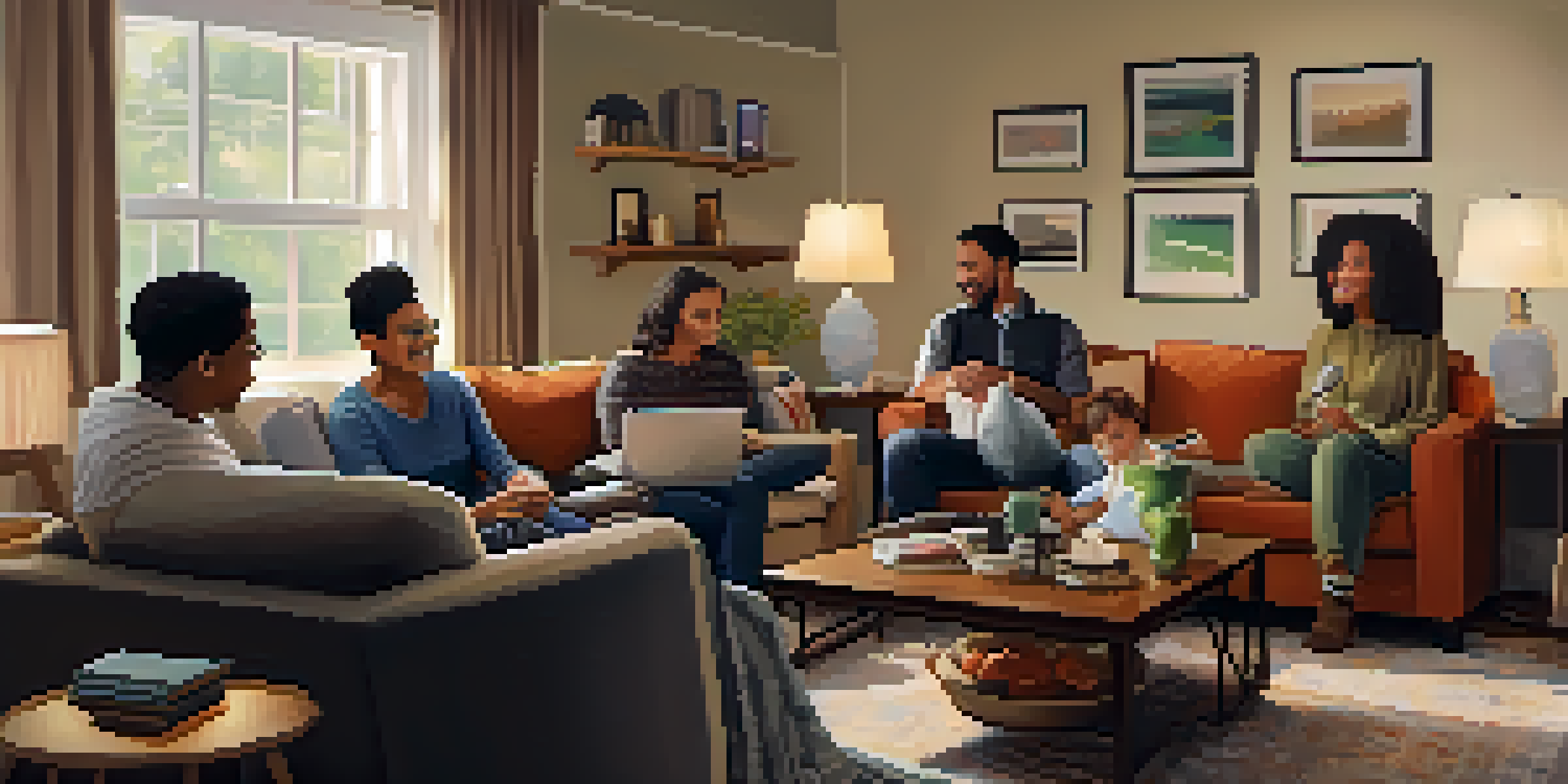 A family gathered in a living room, engaged in a warm conversation with cups of tea and a laptop present.