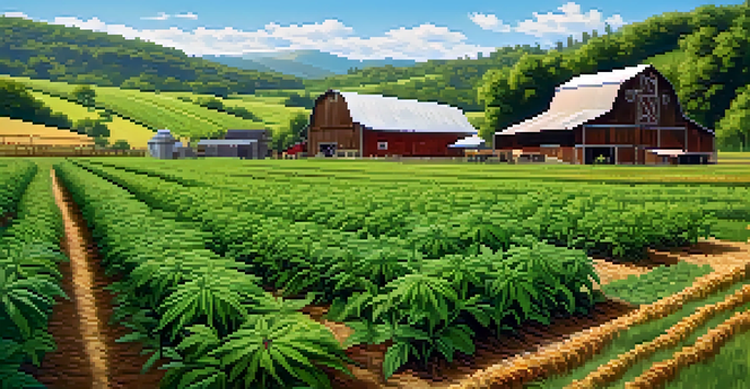 A vibrant marijuana farm with healthy plants and cover crops, set against a blue sky and rolling hills.