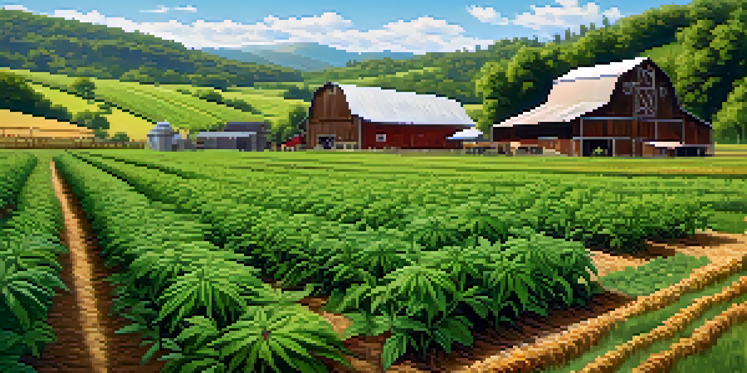 A vibrant marijuana farm with healthy plants and cover crops, set against a blue sky and rolling hills.