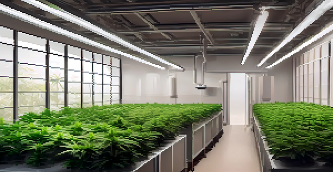 An indoor marijuana cultivation room with green plants under LED lights and hydroponic systems.