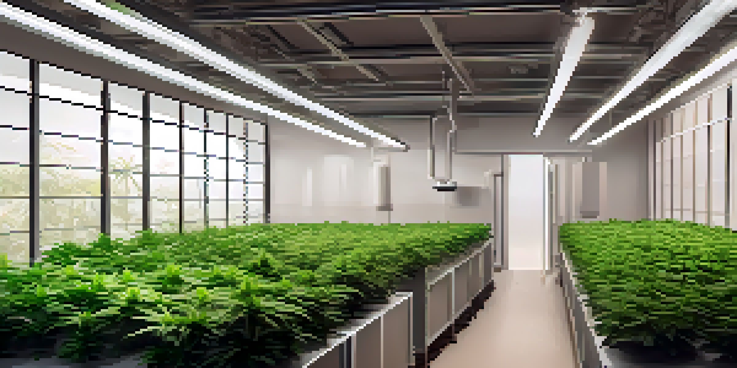 An indoor marijuana cultivation room with green plants under LED lights and hydroponic systems.