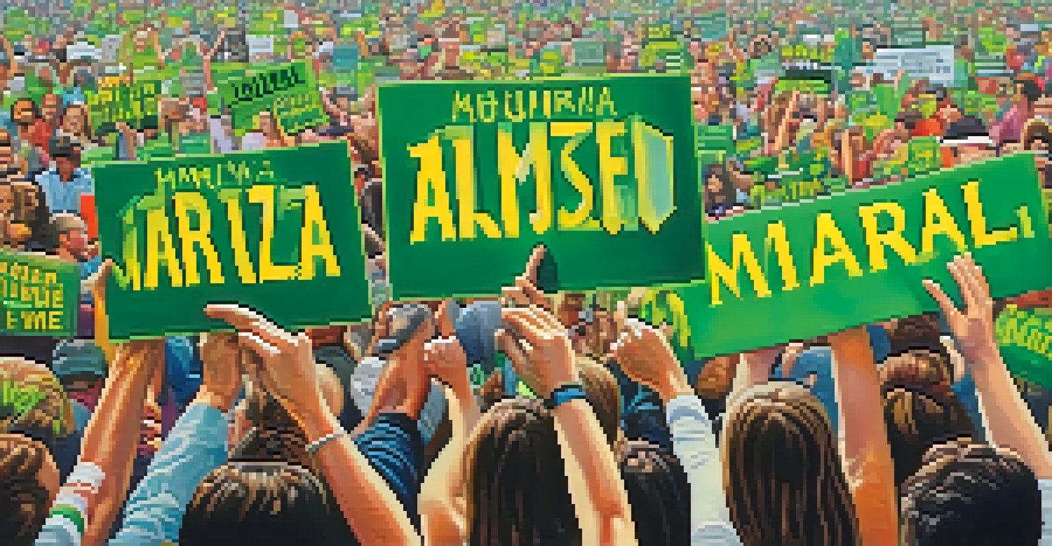 Close-up of hands holding colorful protest signs for marijuana legalization, with a blurred crowd in the background.