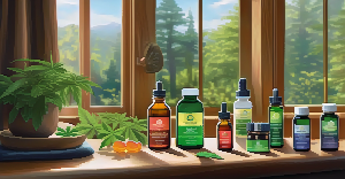 A table displaying various legal cannabinoid products like CBD oils, gummies, and capsules with plants in the background and soft natural light.