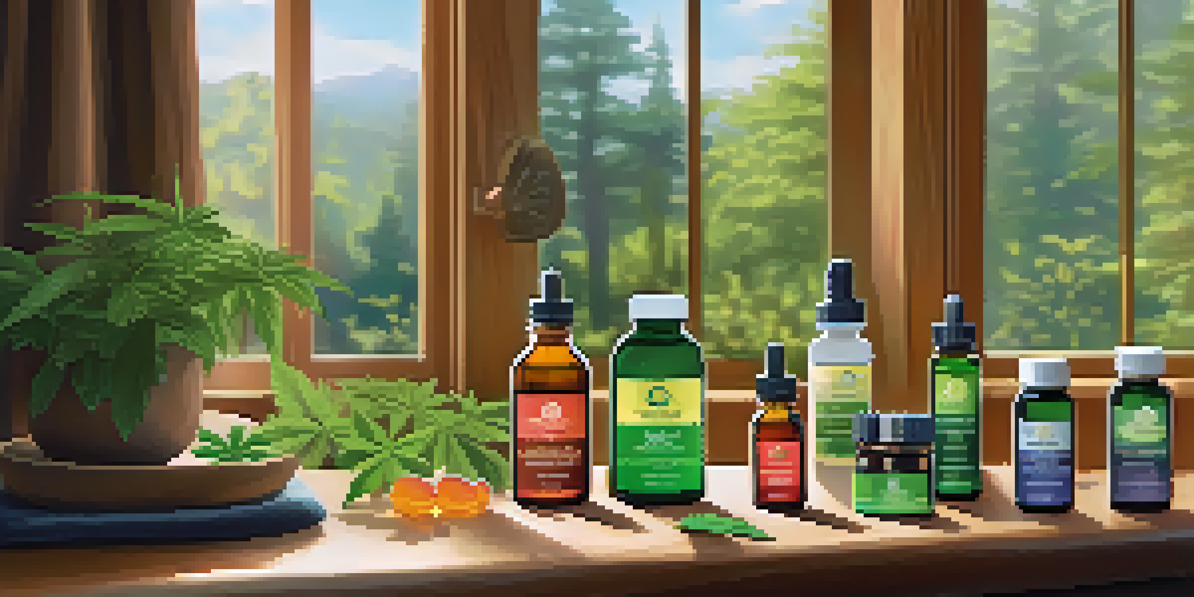 A table displaying various legal cannabinoid products like CBD oils, gummies, and capsules with plants in the background and soft natural light.