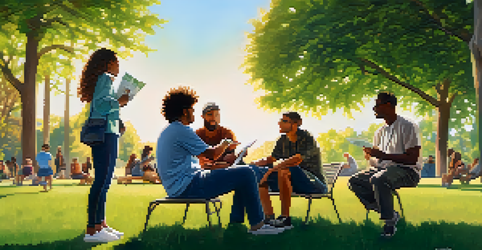 A diverse group of people discussing marijuana in a sunny park, surrounded by trees and grass.