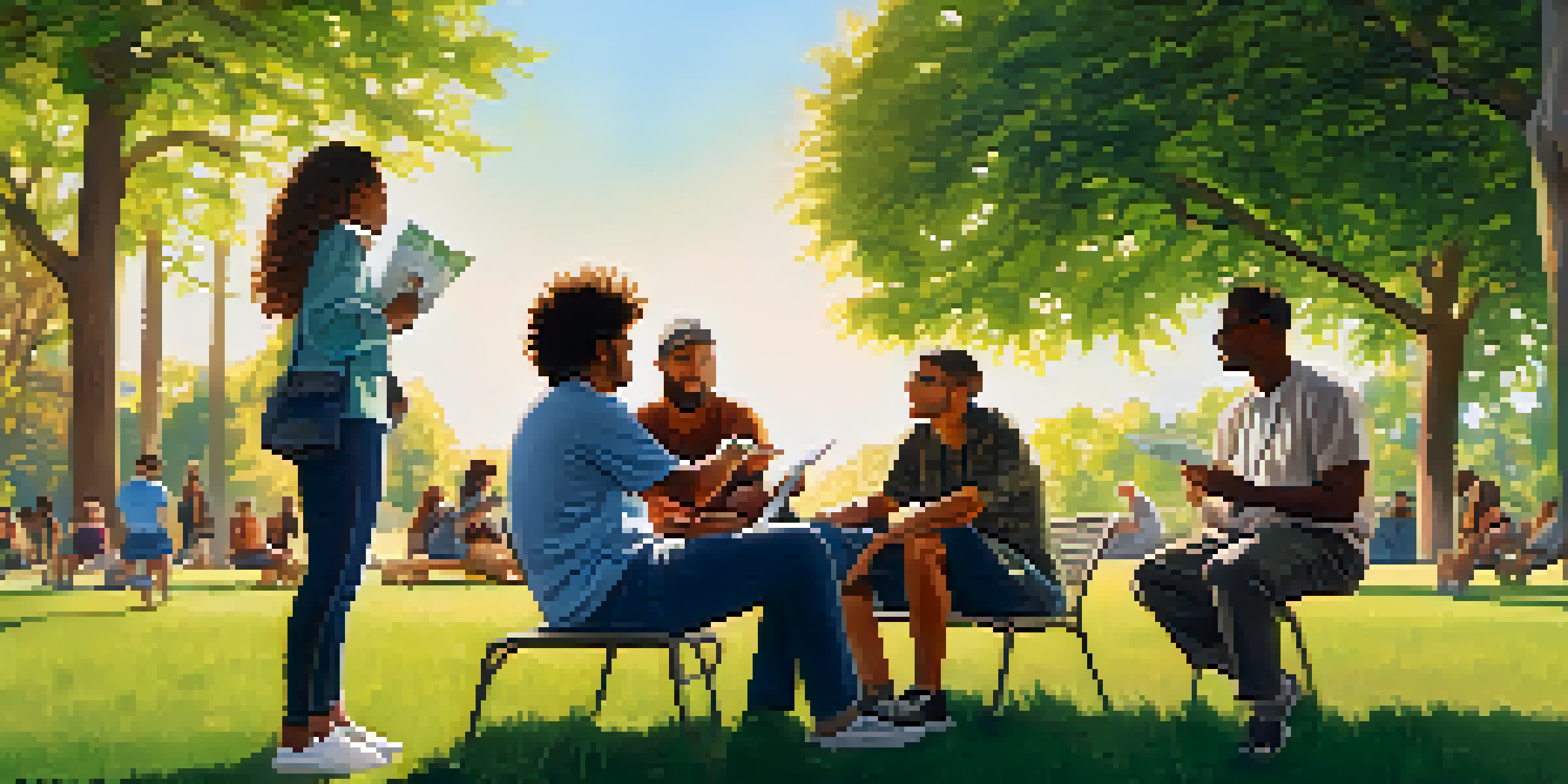 A diverse group of people discussing marijuana in a sunny park, surrounded by trees and grass.