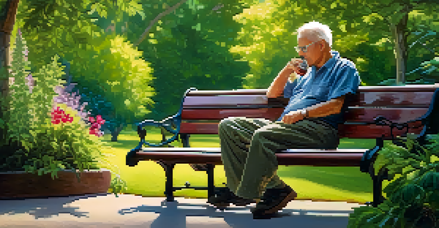 An older adult sitting on a park bench, reflecting with a cannabis product in hand, surrounded by nature.