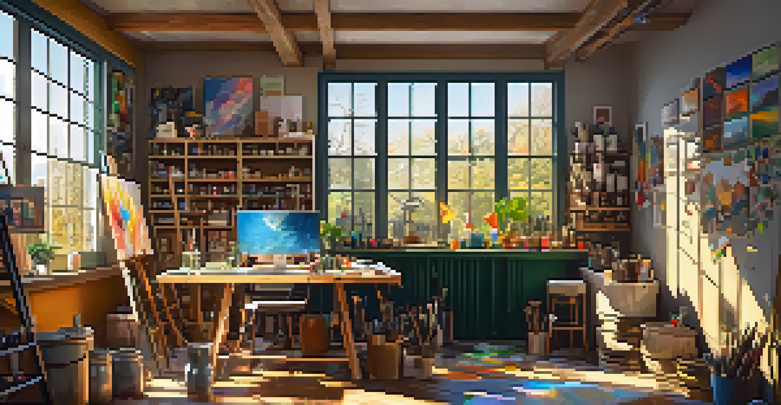An artist's studio filled with colorful paints and tools, featuring a canvas and brushes, with sunlight streaming through a window.