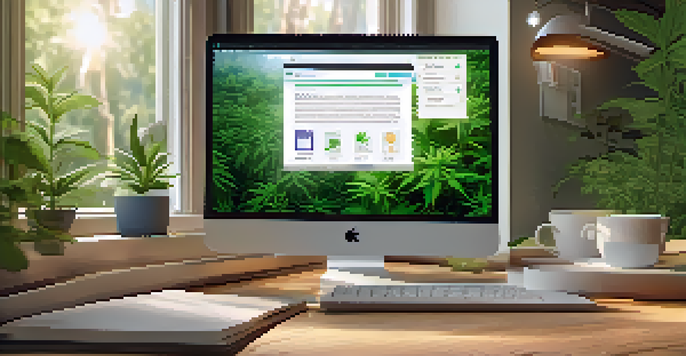 A peaceful workspace with a laptop displaying a cannabis business website, surrounded by green plants and a cup of herbal tea, illuminated by soft natural light.