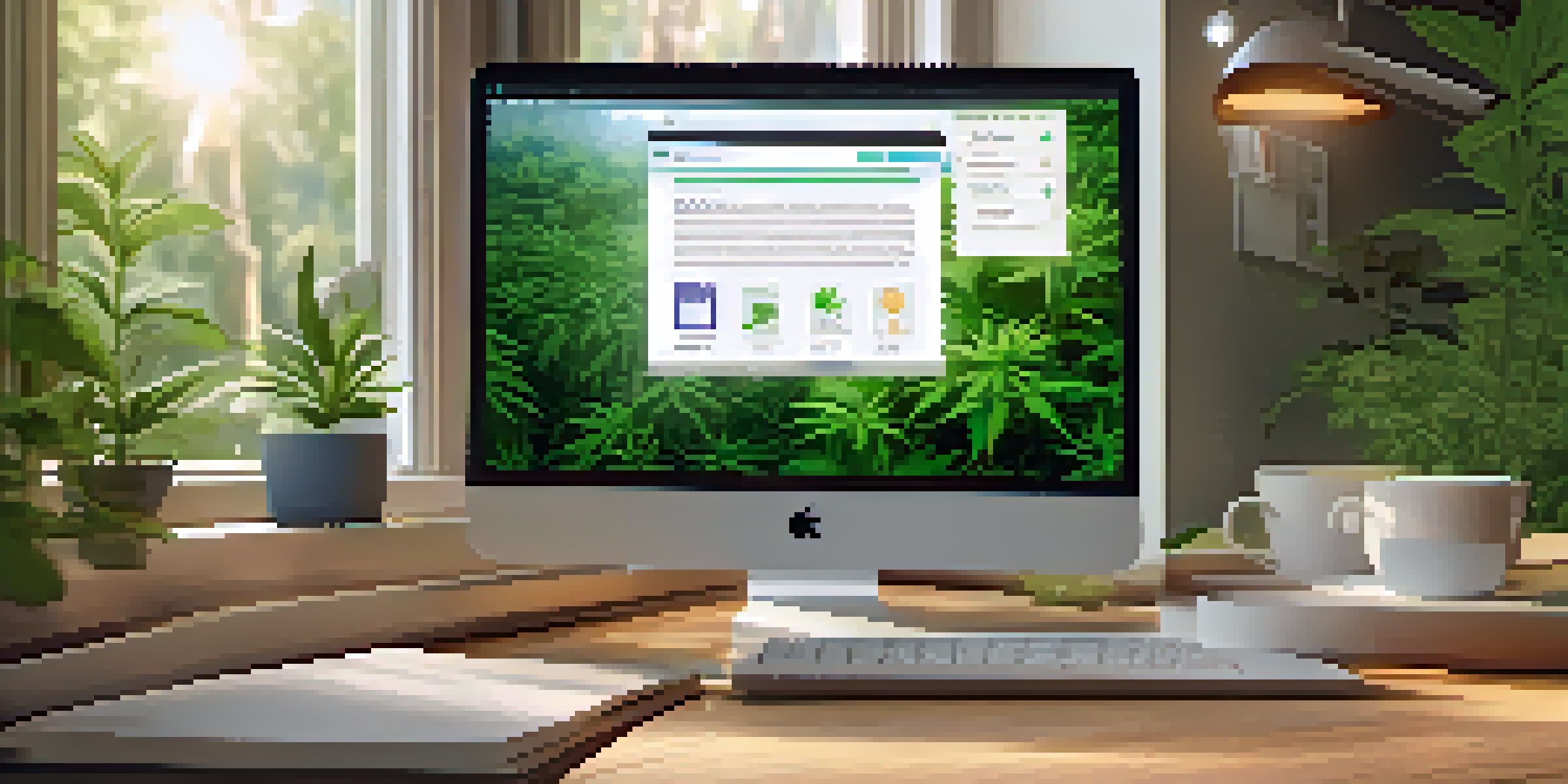 A peaceful workspace with a laptop displaying a cannabis business website, surrounded by green plants and a cup of herbal tea, illuminated by soft natural light.
