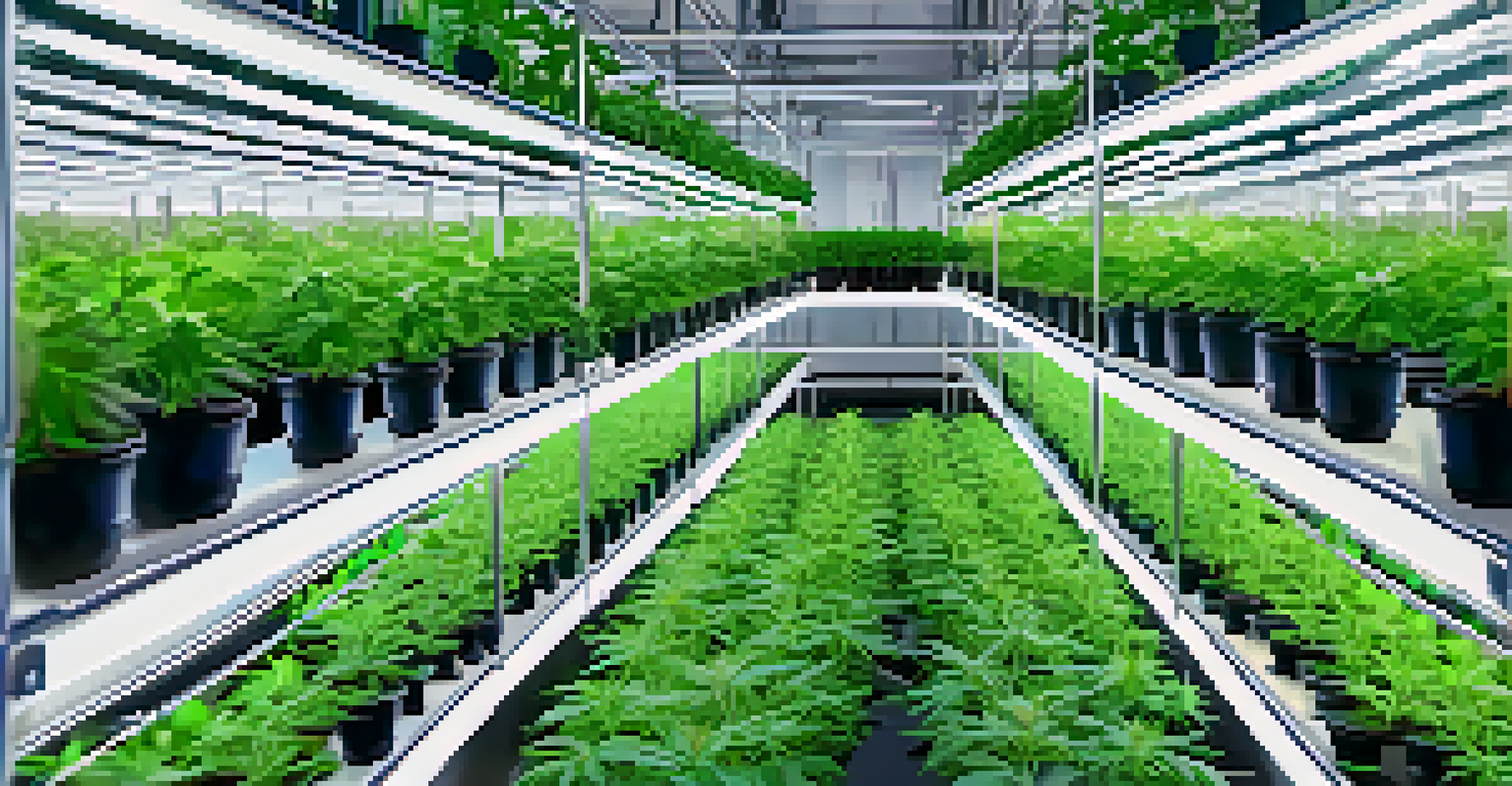 A high-tech vertical farming interior displaying cannabis plants with advanced automation and hydroponic systems.
