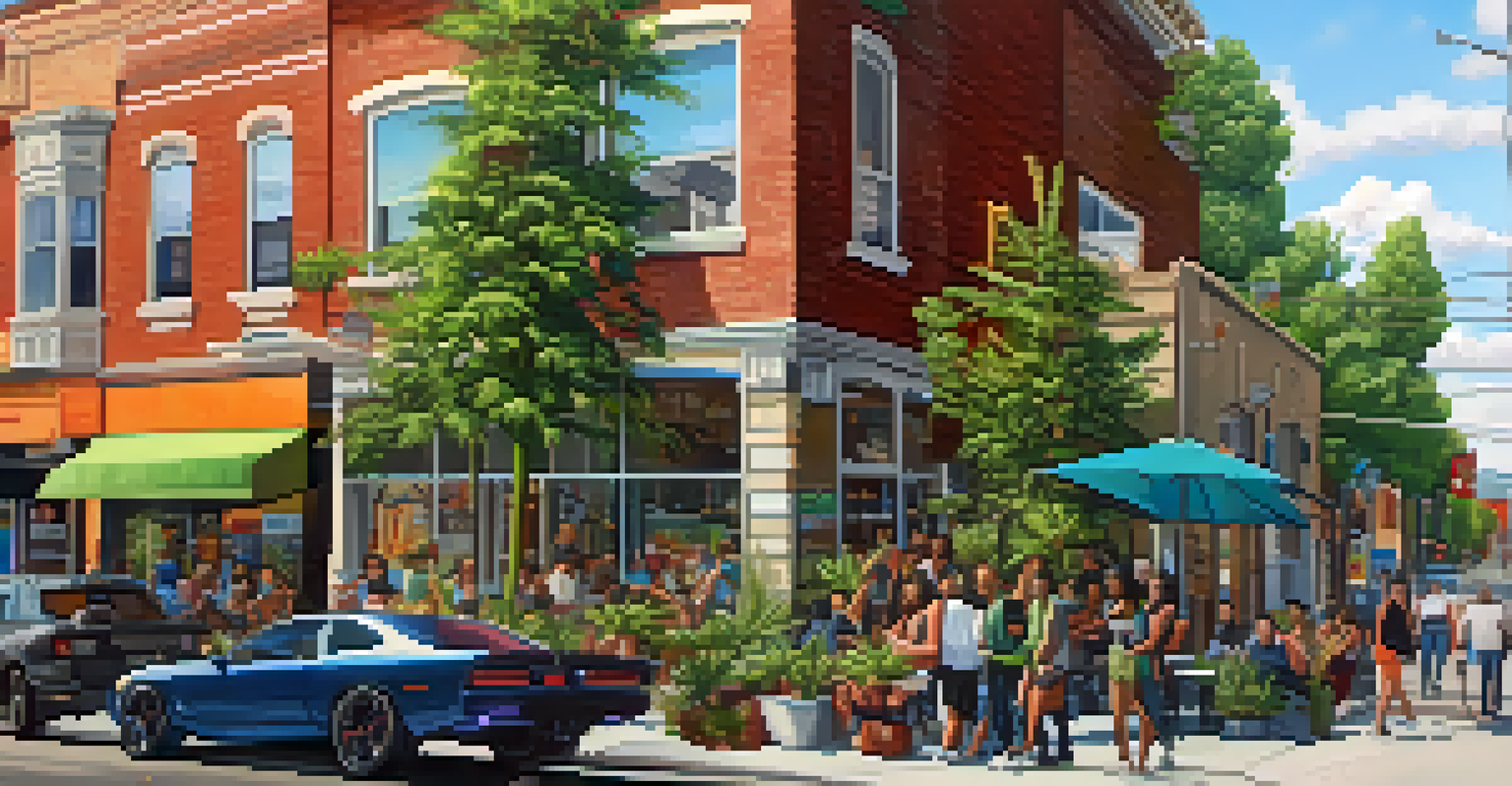A revitalized urban neighborhood featuring a cannabis dispensary and vibrant community life, showcasing greenery and murals.