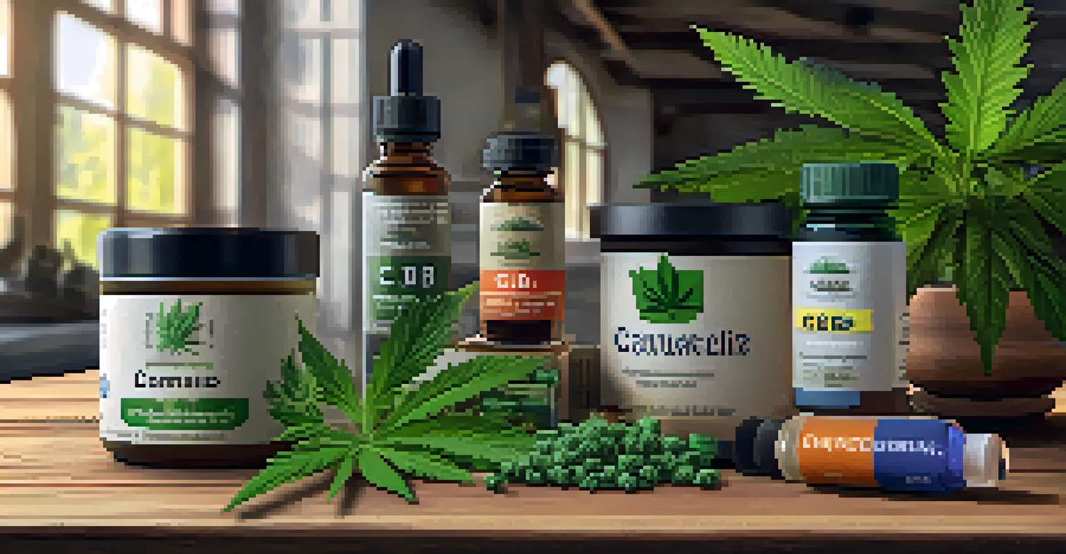 An arrangement of CBD oils, edibles, and capsules on a wooden table, with a cannabis plant in the background.