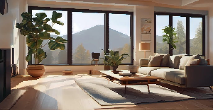 A living room designed for virtual reality use, featuring a couch, VR headset, and soft lighting.