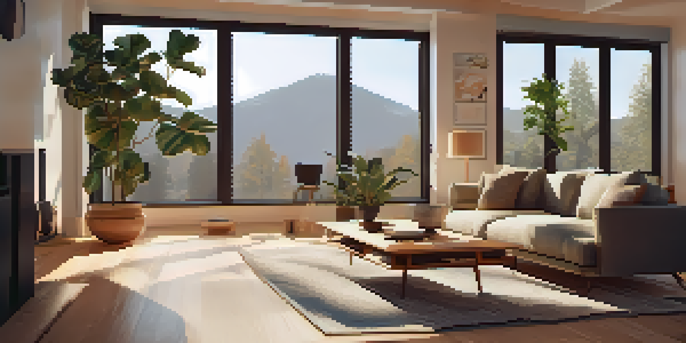 A living room designed for virtual reality use, featuring a couch, VR headset, and soft lighting.