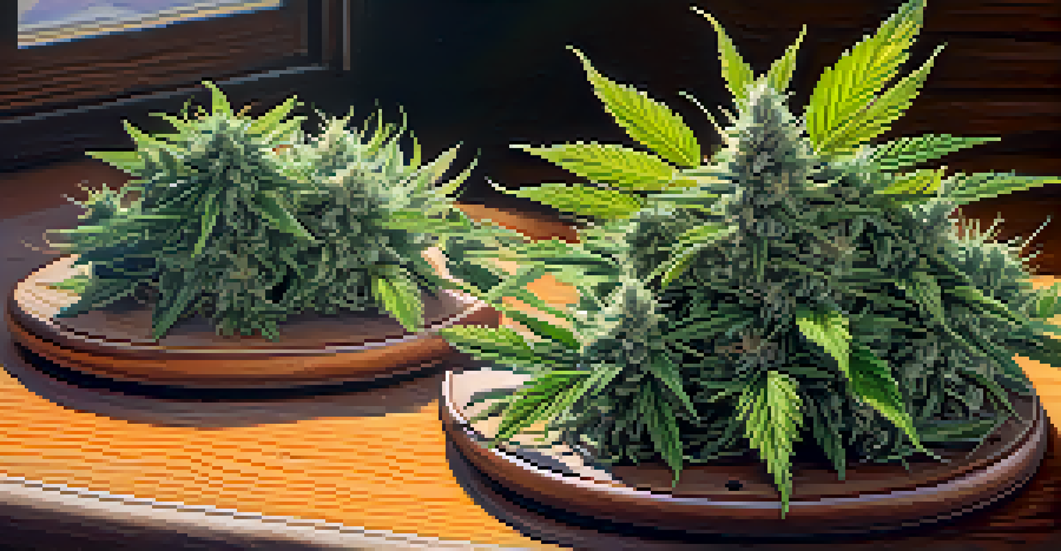 Close-up of two cannabis strains, one green and dense, the other lighter with purple hints, on a wooden table.