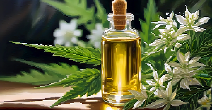 A glass dropper bottle of CBD oil surrounded by hemp leaves and flowers, with soft sunlight creating a warm atmosphere.