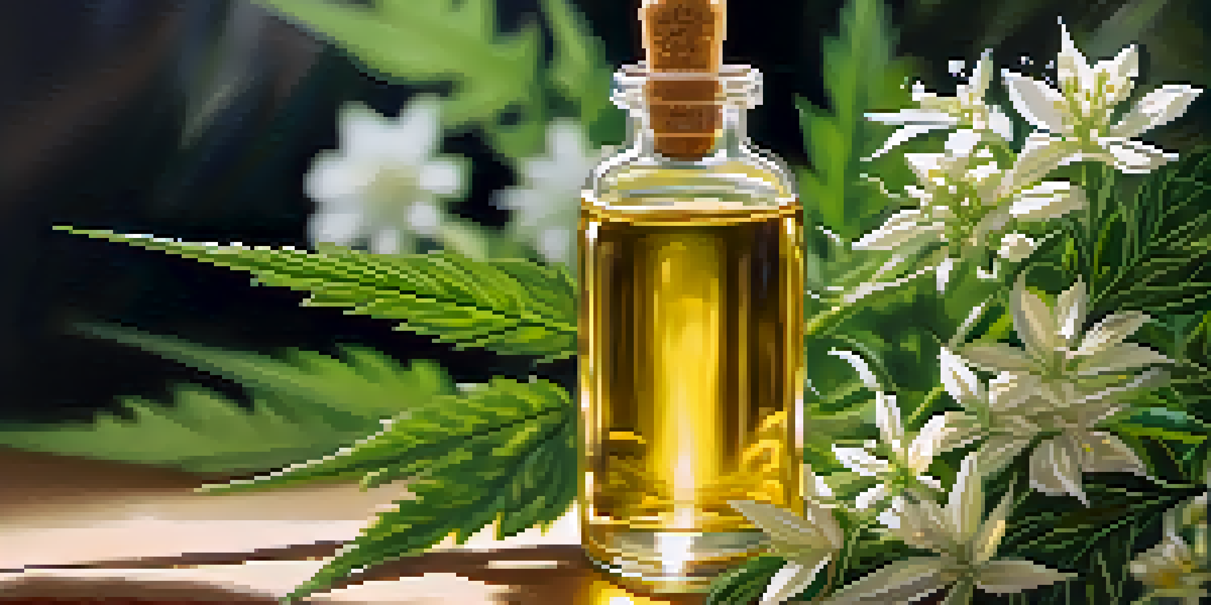 A glass dropper bottle of CBD oil surrounded by hemp leaves and flowers, with soft sunlight creating a warm atmosphere.