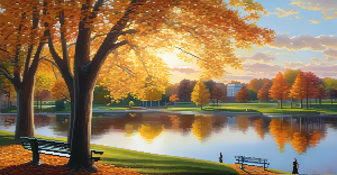 A peaceful park scene with people relaxing, reading, and trees in autumn colors under a sunset sky.