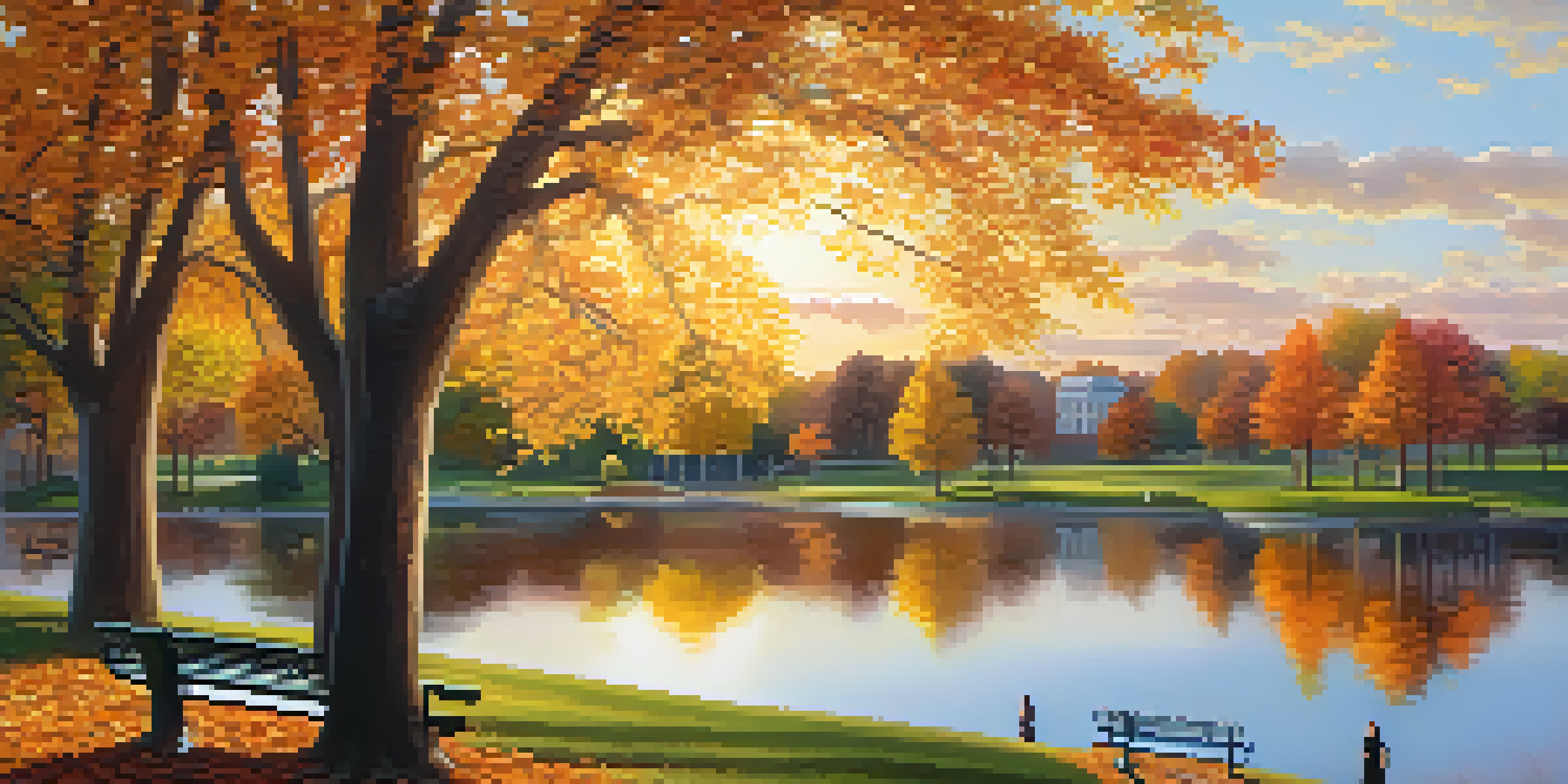 A peaceful park scene with people relaxing, reading, and trees in autumn colors under a sunset sky.