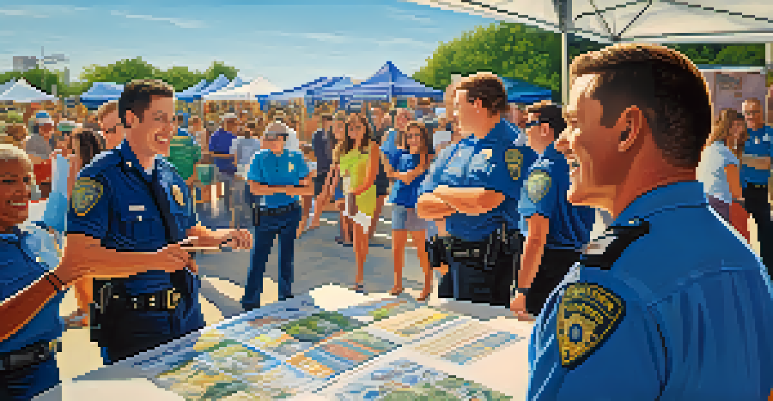 A police officer smiling and engaging with community members at an event discussing marijuana legalization, with informative booths in the background.