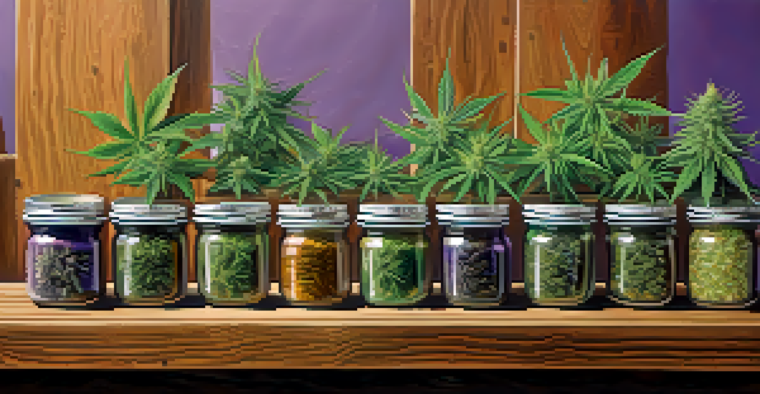 A variety of marijuana strains on a wooden table with labels, showcasing different colors.