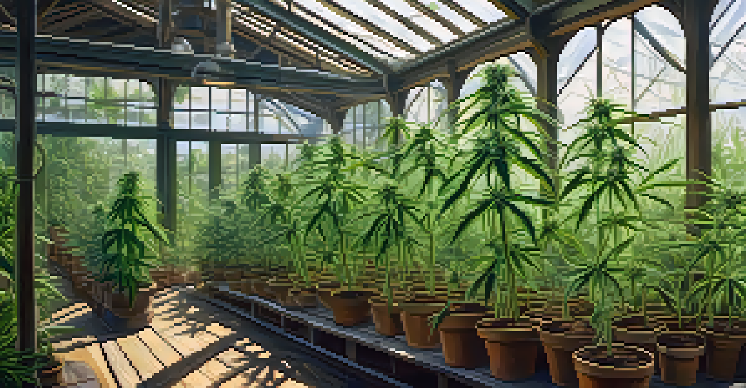 Close-up of cannabis plants in a greenhouse, showcasing detailed leaves with morning dew and soft sunlight filtering through glass.